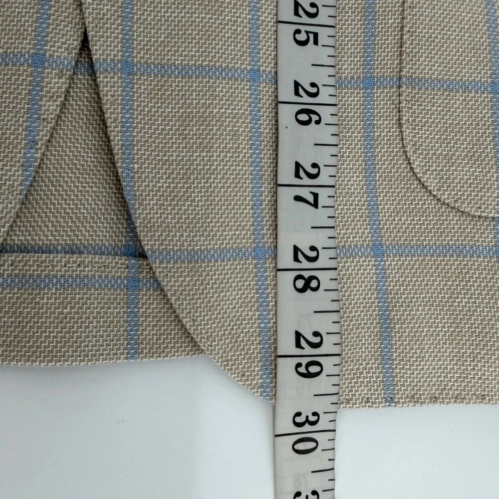 J.M. Haggar Sport Coat Mens 42S Tan Blue Windowpane Check Slim Fit Cotton Blazer